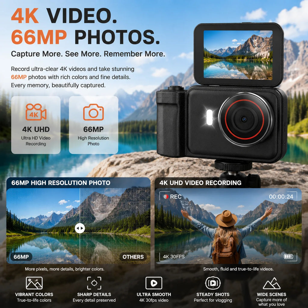 4K Digital Camera for Photography & Vlogging, 66MP Autofocus Camera with 180° Flip Screen, 10X Digital Zoom, 32GB TF Card Included, Type-C Rechargeable Compact Camera for Beginners, Travel & Everyday Use