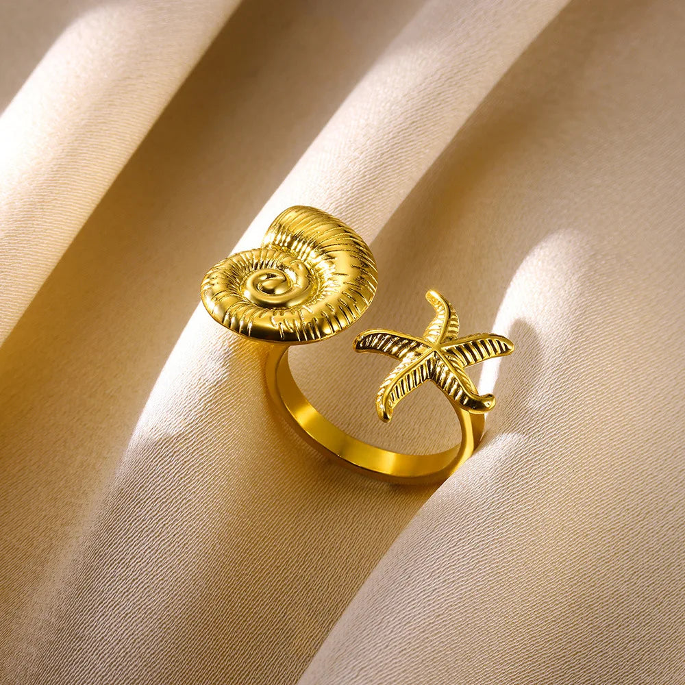 Ocean Starfish Shell Open Rings For Women Gold Color Stainless Steel Ring Summer Beach Aesthetic Waterproof Jewelry Gift