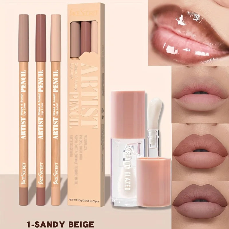4pcs Matte Lipliner Lip Gloss Combo -Moisturizing Plumping Lip Oil