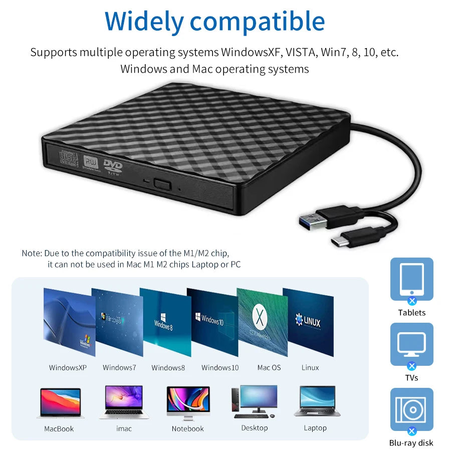 2 in 1 USB 3.0 Type C External DVD RW ROM CD Player Writer Reader Optical Drives for Laptop Desktop Computer Portable DVD Burner