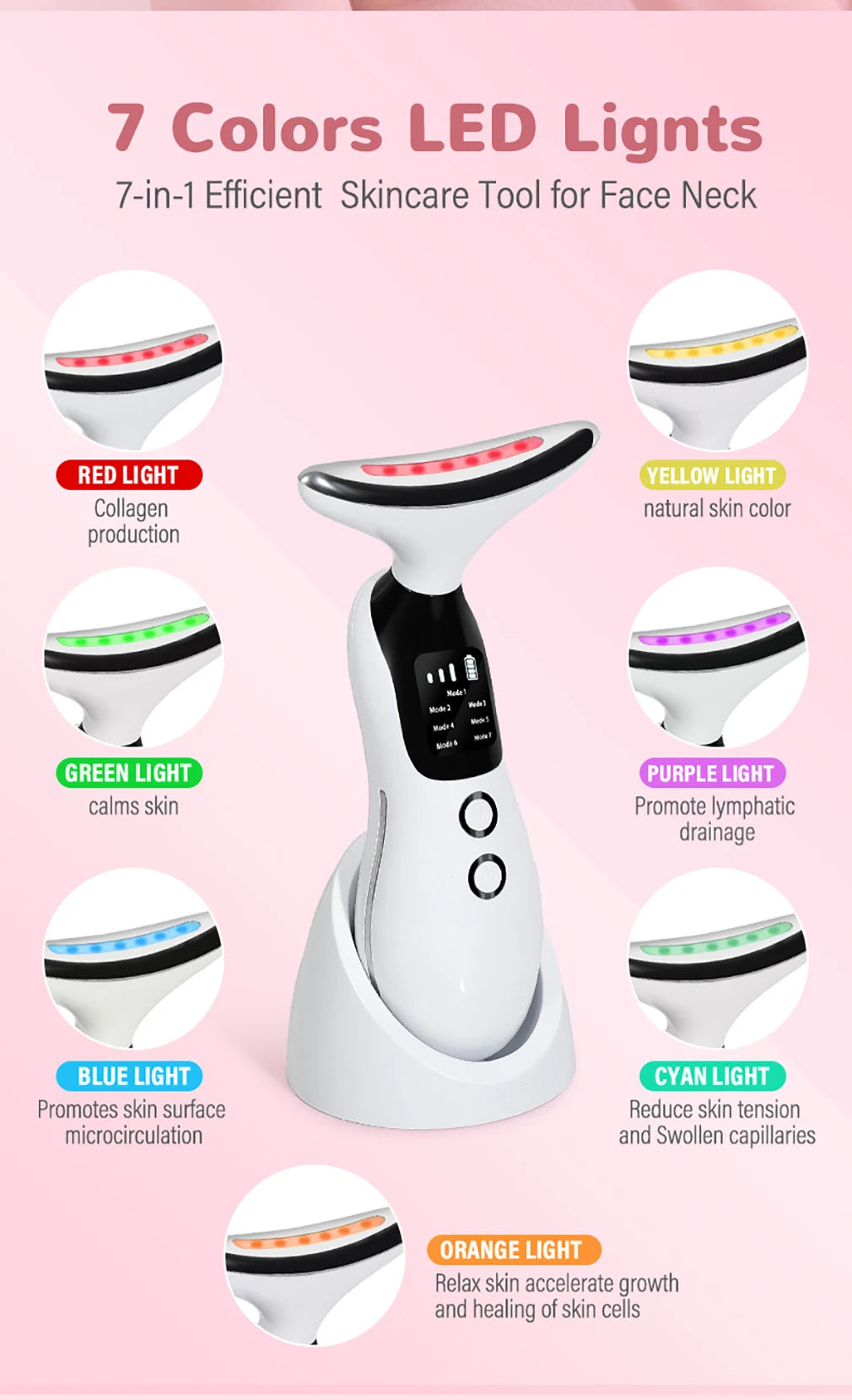 7 Colors LED Face Neck Beauty Device Deep Cleaning Vibration Facial Massager