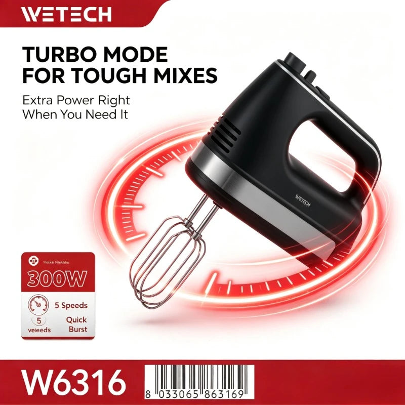 WETECH W6316 300W Electric Hand Mixer 5 Speed Turbo Boost Stainless Steel Whisks