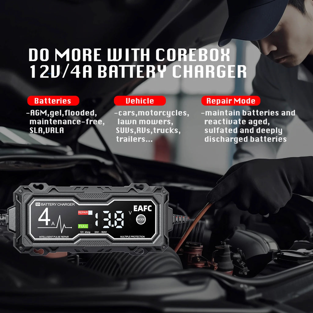 EAFC 12V 4A Car MotorcycleBattery Charger LCD Display  Intelligent Chargers Multiple protection Pulse Repair AGM BatteryCharger