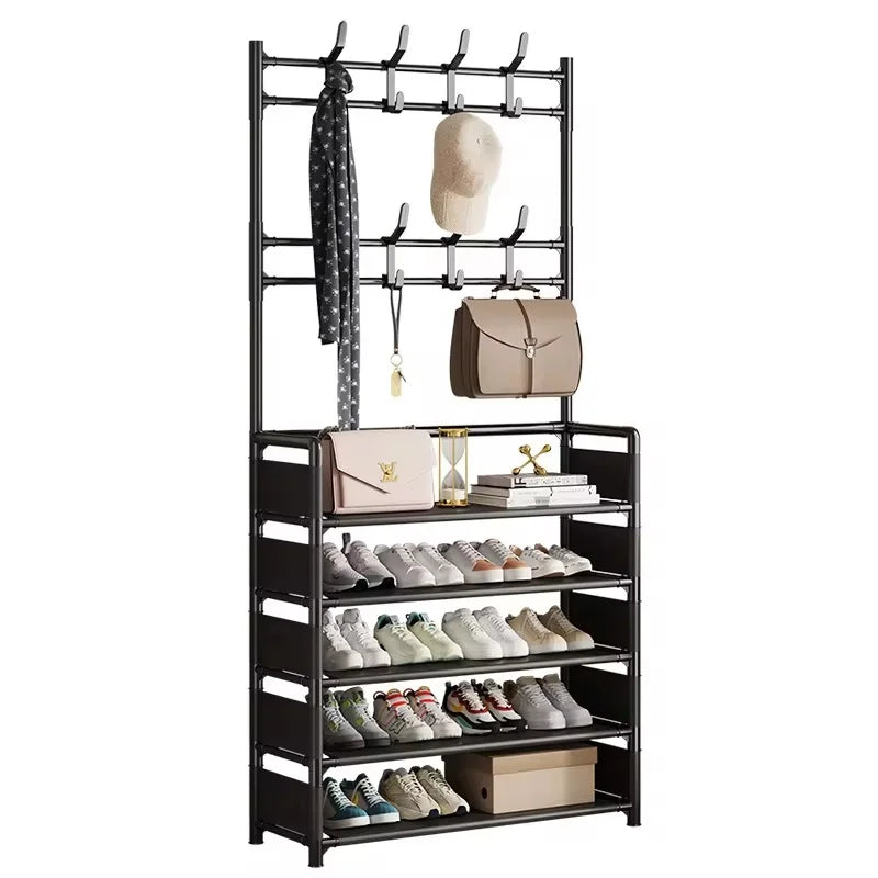 Multi-Tier Metal Rack with 8 Hooks for Shoes, Coats, Hats, and Accessories