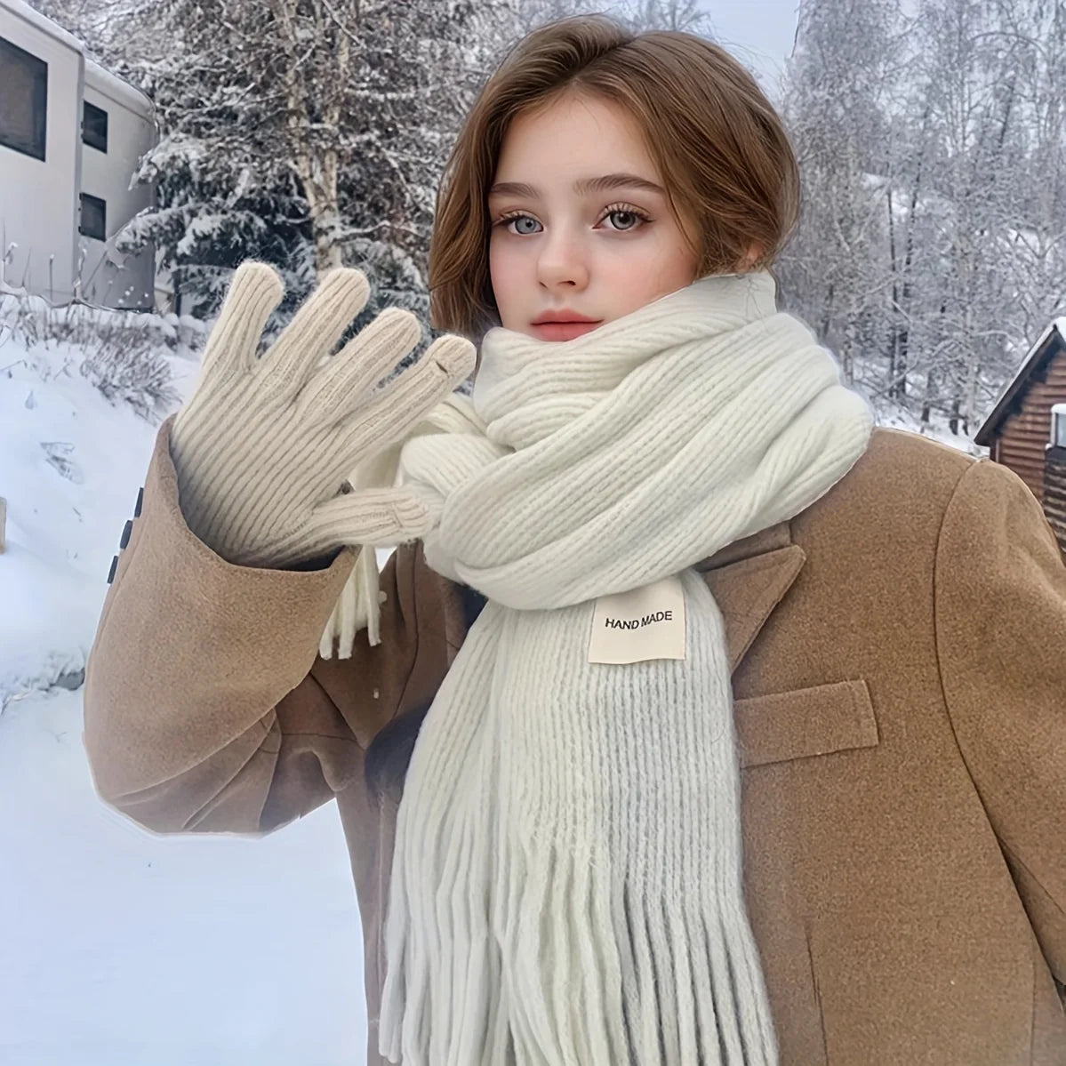 Women Solid Color Knitted Tassel Scarf