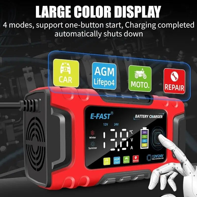 12V/24V 10A Car Battery Charger Smart Maintainer for Truck Boat AGM Lifepo4 Moto