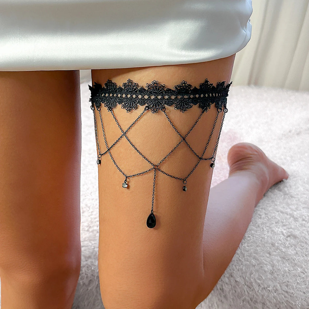 Salircon Gothic Black Lace Elastic Thigh Chain Punk Metal Tassel Water Drop