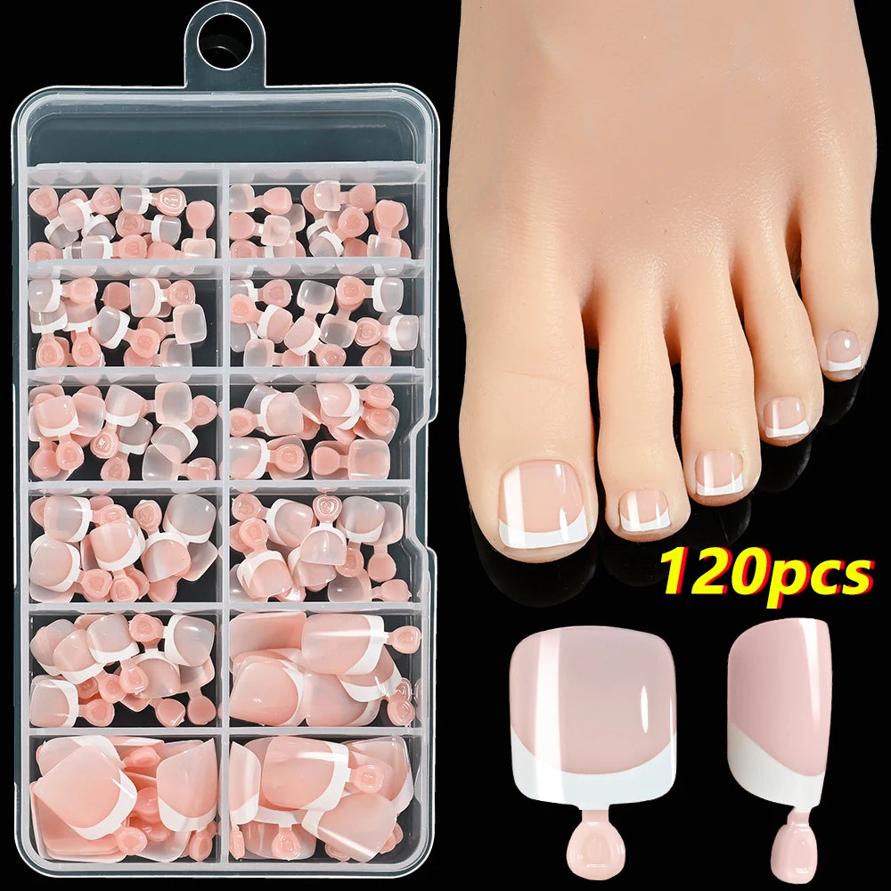 120pcs/Box French Tip Press-On Toenails Pink Color System Square Shape Foot Nails Short Length Glossy Finish False Toe Nails Set