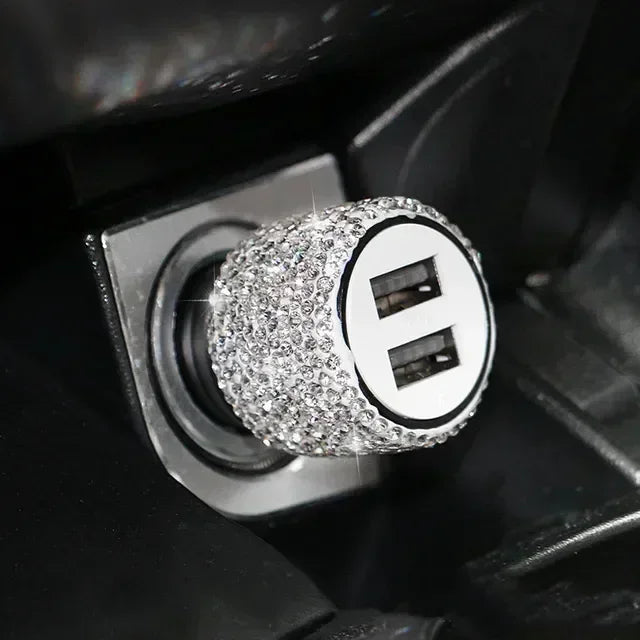 USB Car Charger Pink Crystal Diamond 5V 2.1A Dual Port Fast Charging Adapter 3 in 1 Cable for IPhone Samsung Huawei