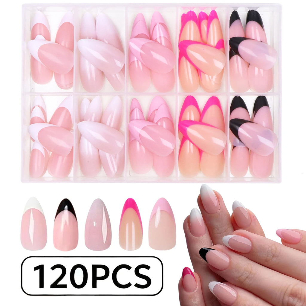 120pcs Pressed French Edge Almond False Nail Acrylic Reusable False Finger Acrylic False Nail Date And Daily Wear