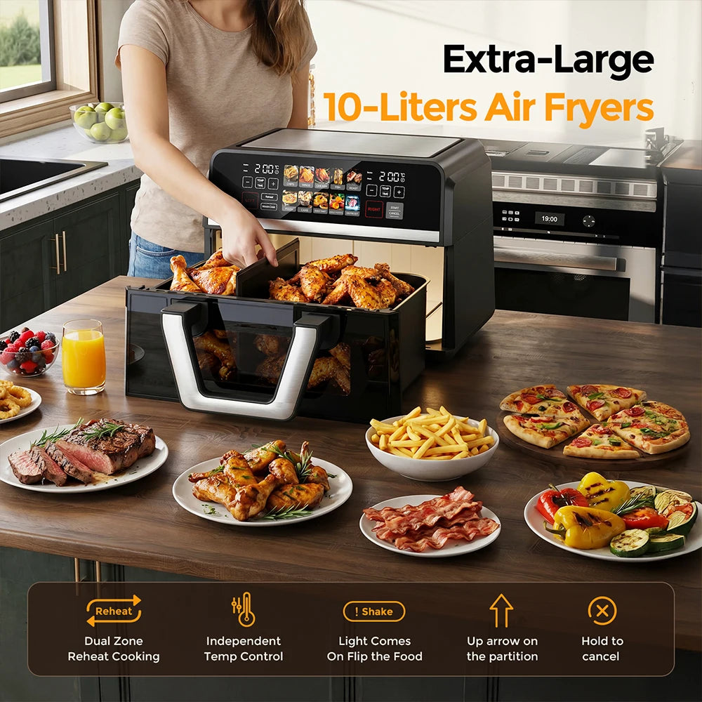 10L Dual Basket Air Fryer Oven, XXL Large Non-fat Fryer Removable Divider, Digital Control