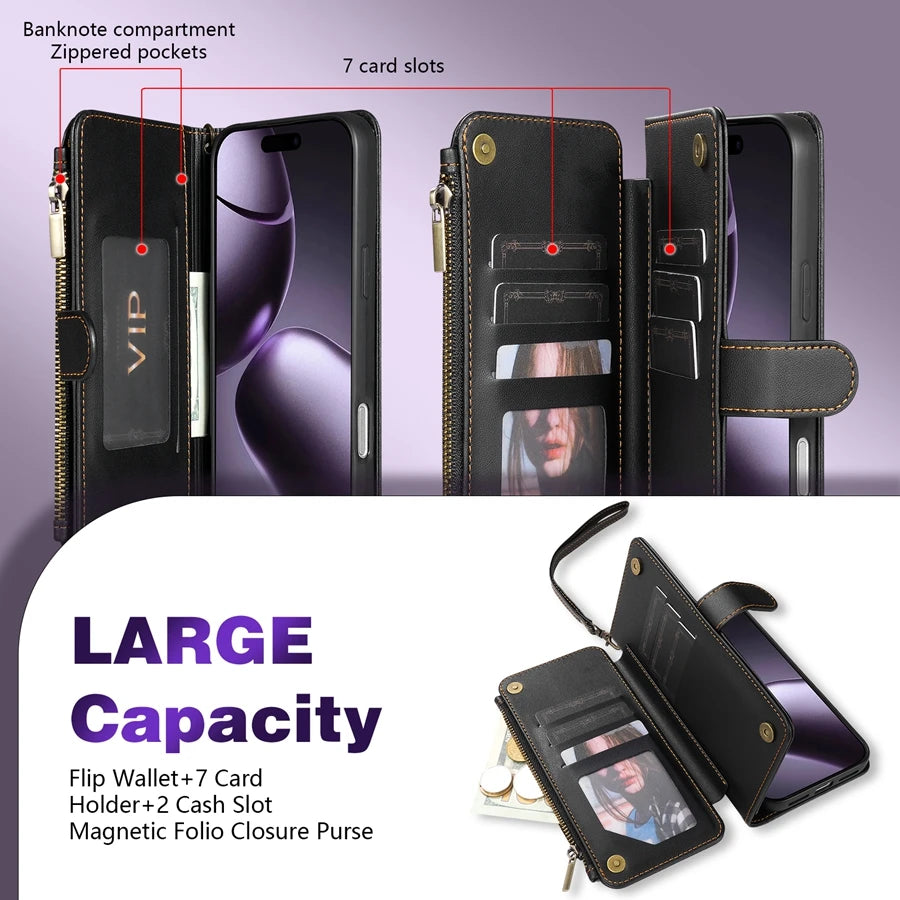 Wallet Multi-card Slot Zipper Kickstand Magnetic Flip Leather Case For iPhone 17 Pro Max 17e Air 16e 15 Plus 14 13 12 11 XR 8 7