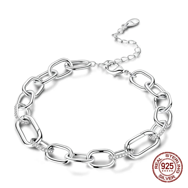 Sparkling Star Bracelet 925 Silver Original One-Size-Fits-All Soft Links Bracelet Zircon Chain For DIY Charms Jewelry Gift New