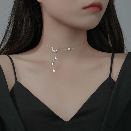 2026 Fashion Silver Color Star Moon Tassel Necklace for Women