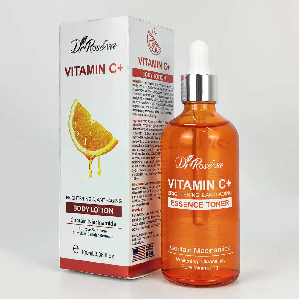 Vitamin C Moisturizing Brightening Skin Tone Skincare Set: Facial Serum & Cream & Cleaner,Essence Toner,Hydrating Body Lotion