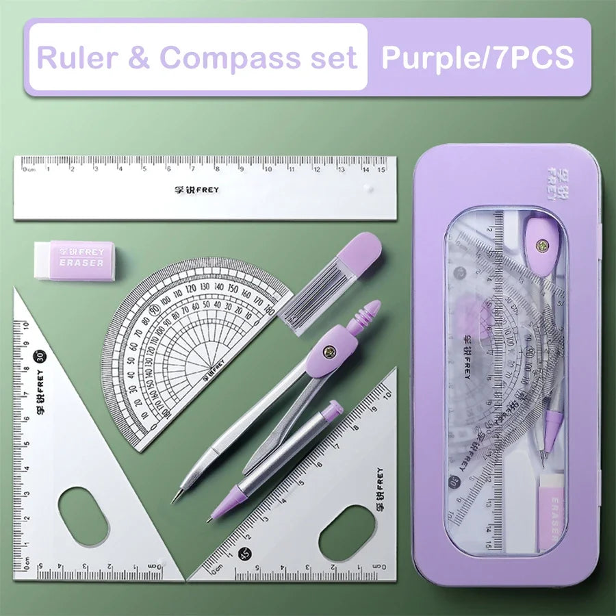 7Pcs Back to School Math Geometry Set, Multi-Function Drawing Tools with Compass