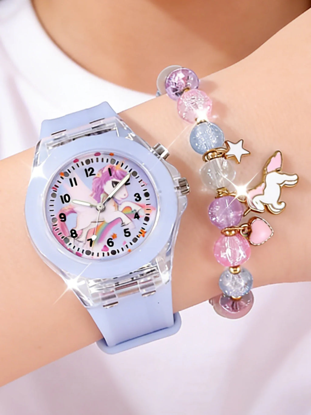 Fashionable Silicone Glow Watch And Beaded Bracelet Set with Unicorn Design for Daily And Birthday Gifts (No Box Included)