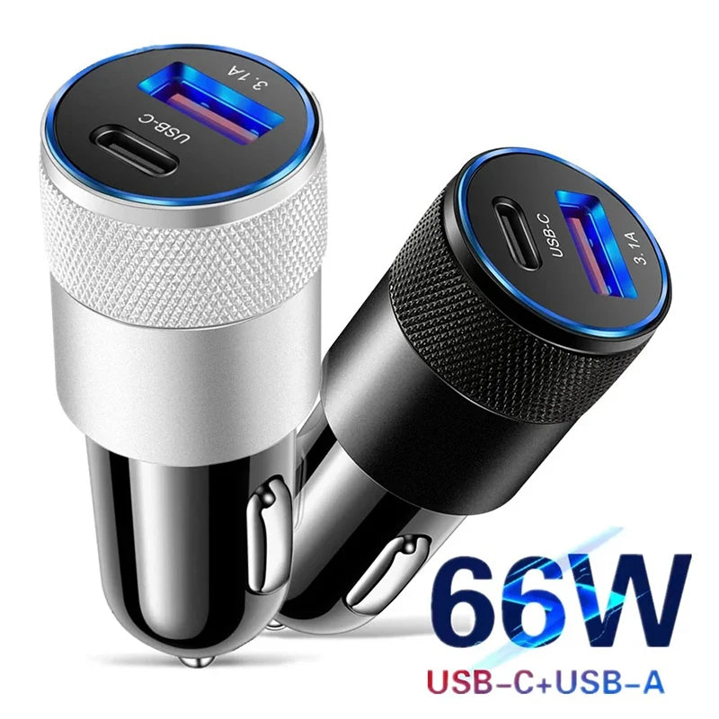 66W USB Car Charger Type C Fast Charging Phone Adapter