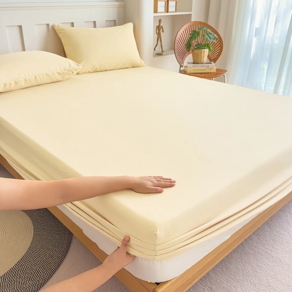 Fitted Bed Sheet with Elastic Band Solid Color Soft Mattress Cover