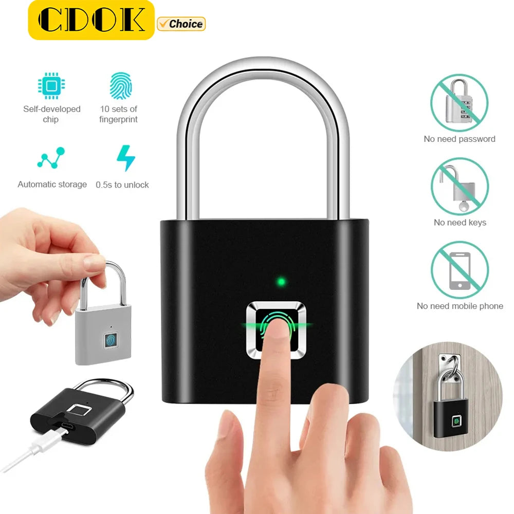 CDOK P2 Fingerprint Padlock, Built-in Rechargeable Battery,