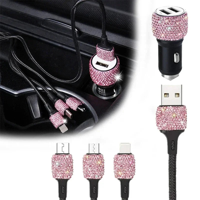 USB Car Charger Pink Crystal Diamond 5V 2.1A Dual Port Fast Charging Adapter 3 in 1 Cable for IPhone Samsung Huawei