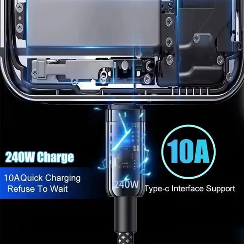 240W Cable QC 3.0 USB to Type C Super Fast Charging Cable For Samsung Xiaomi Huawei LED Digital Display Phone Charger Data Cord
