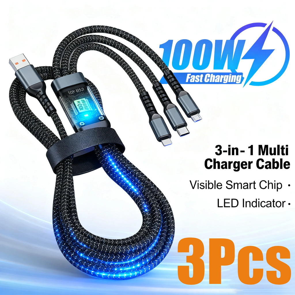 3 In 1 USB 100W Fast Charging Cable With Type-C