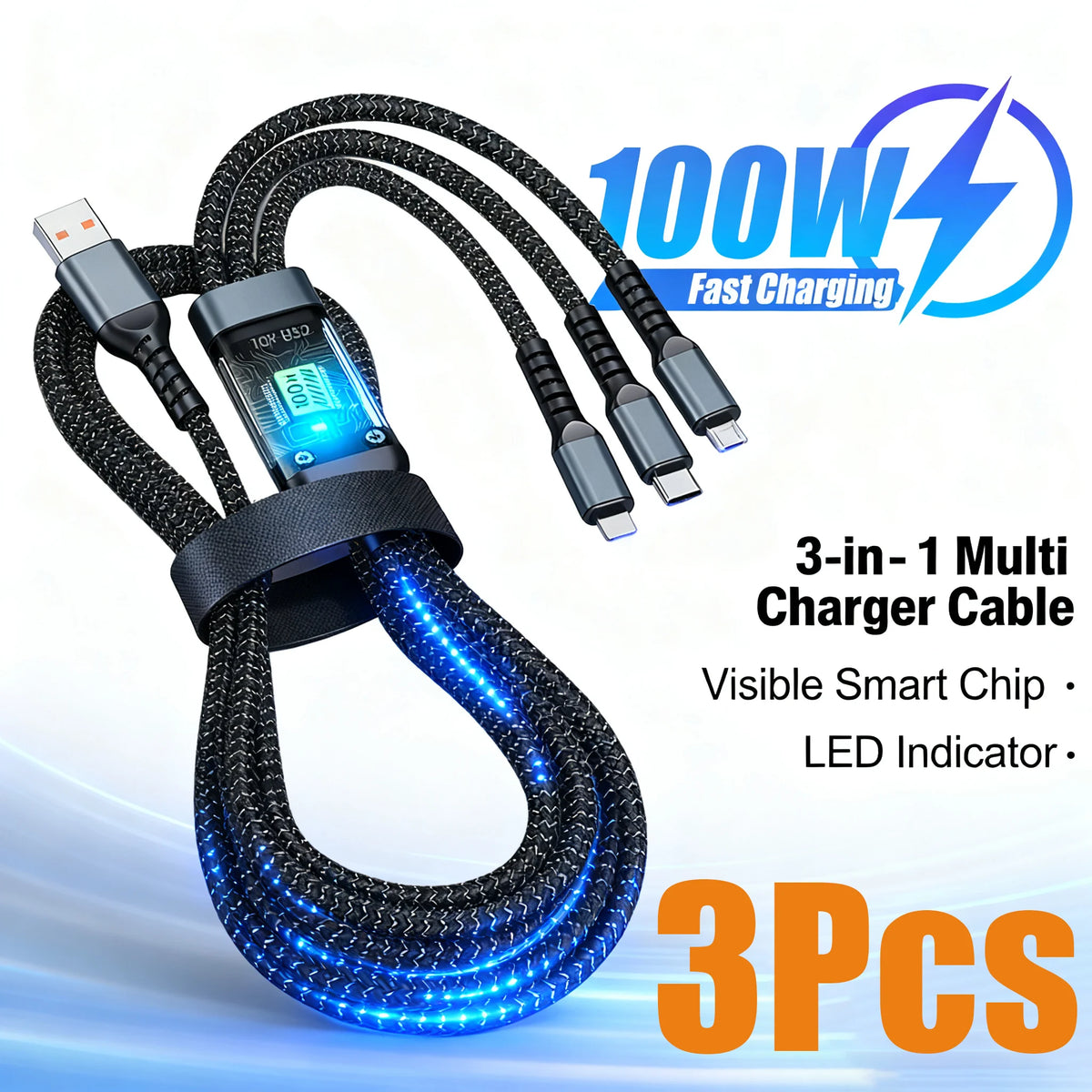 3 In 1 USB 100W Fast Charging Cable With Type-C
