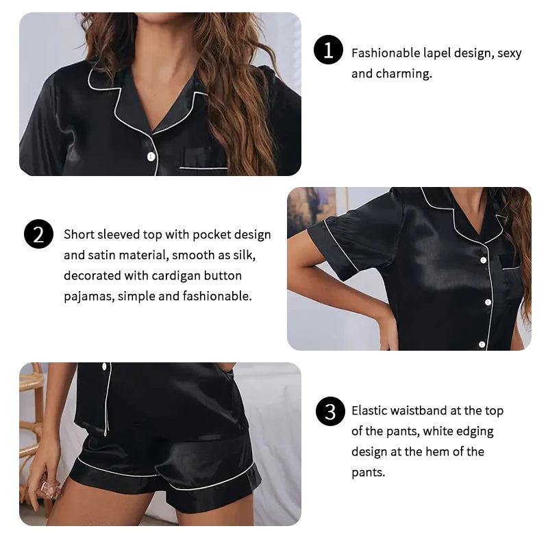 Women's Pajamas Set Satin Sleepwear Button Down Tops and Shorts