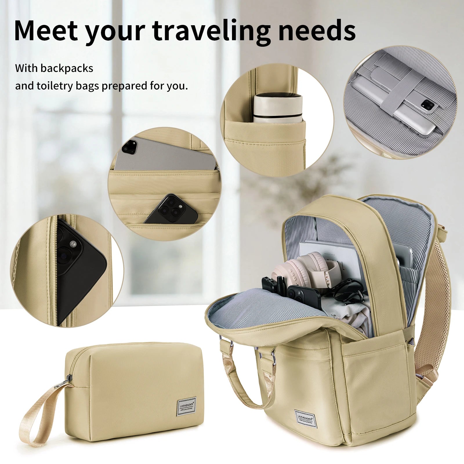 3-Piece Lightweight Expandable PP Luggage Set: 20" Carry-On Suitcase with 360° Spinner Wheels, Travel Backpack & Toiletry Bag, Champagne