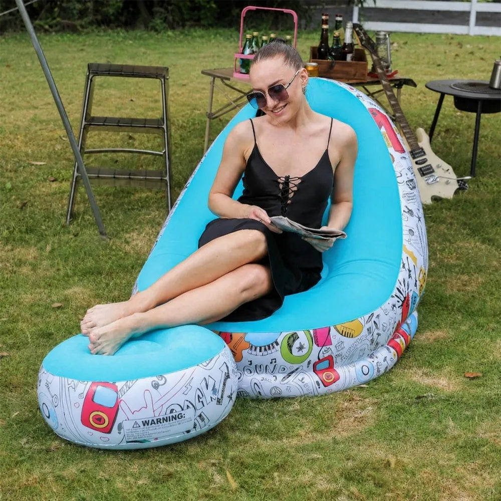 Inflatable Lazy Sofa + Footrest Set, Thickened Flocked Foldable Recliner, Portable Indoor/Outdoor Camping Lounge Chair for Home