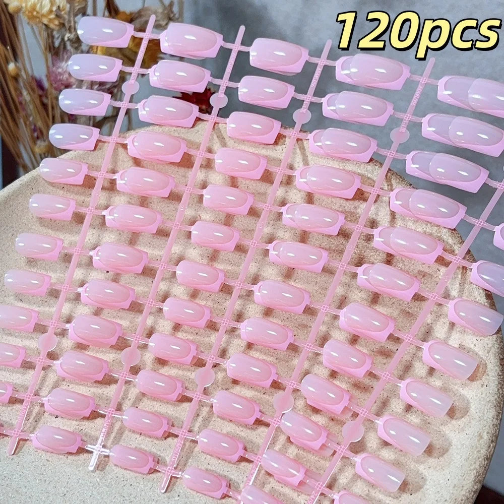 120pcs French Glossy Color Block Acrylic False Nails Spring & Summer Nude Tones Press-On Nails Full Cover Square Shape Nail Tips