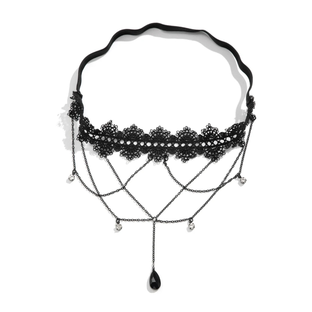 Salircon Gothic Black Lace Elastic Thigh Chain Punk Metal Tassel Water Drop