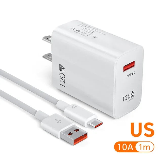 120W USB Fast Charging Charger Type C Cable Quick Charge Phone Adapter for Xiaomi 14 Redmi Oneplus Huawei Samsung Wall Charger