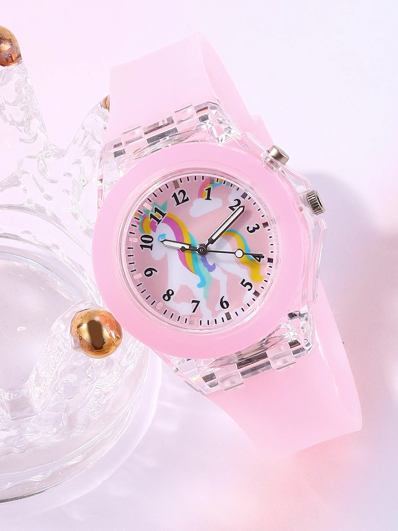 Children's wristwatch set featuring unicorn silicone quartz watch and feather bracelet, emits light, does not include the box