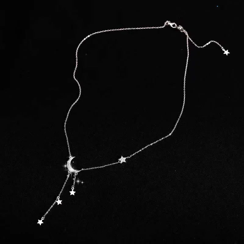 2026 Fashion Silver Color Star Moon Tassel Necklace for Women