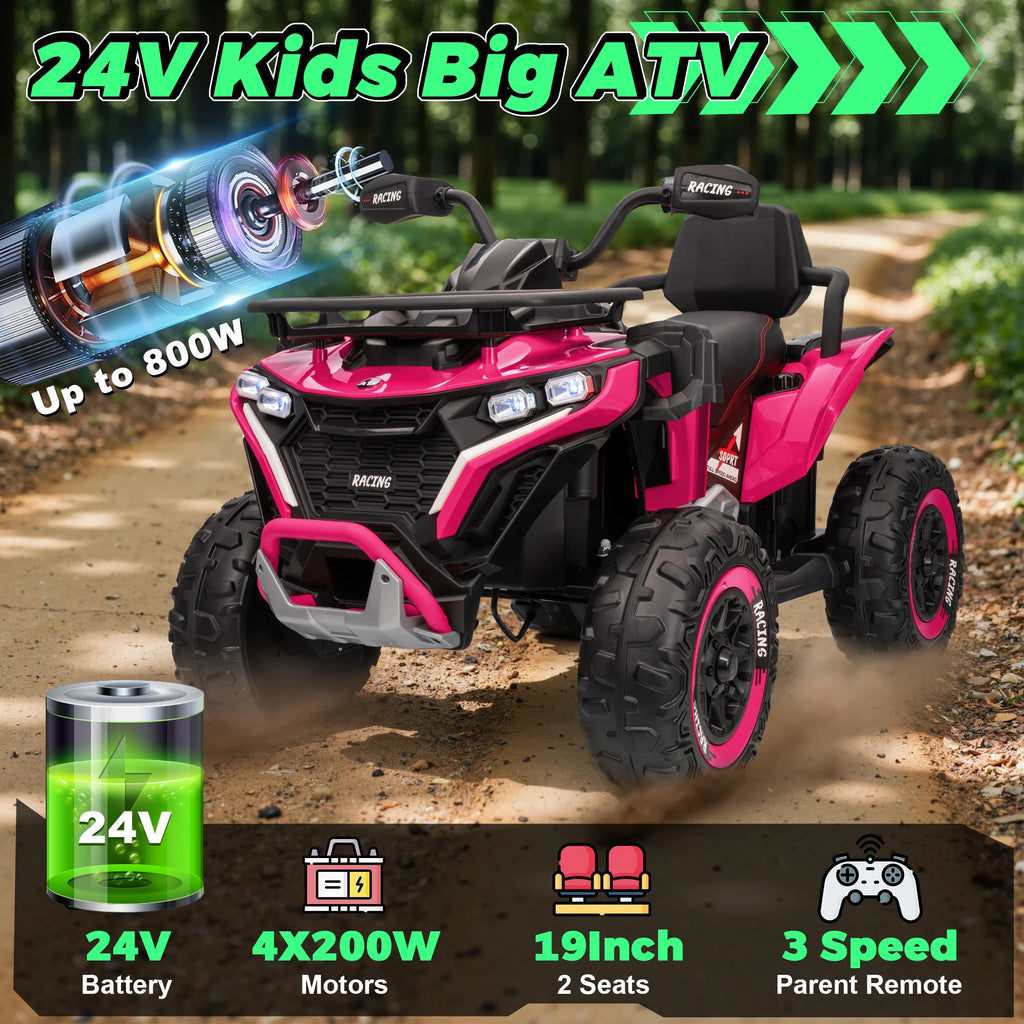 24V Ride on Car, Kids ATV XL Four Wheeler W/EVA Tires, 19-Inch Leather 2 Seater, 800W Motors