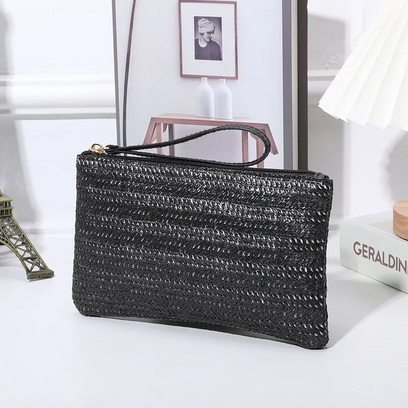 Straw Woven Clutch Bag, Trendy Braided Waist Purse, Women's Zipper Handbags for Phone Coin Key, Lady's Ultra Thin Straw Bag
